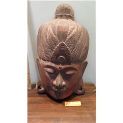 Carved Wooden Deity Head, Approx. 20" H, 12" W, Concave/Wall-Mountable (some damage)