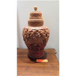 Ornately Carved Wooden Jar w/ Lid (slight damage), Approx. 14" H