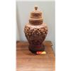 Image 2 : Ornately Carved Wooden Jar w/ Lid (slight damage), Approx. 14" H
