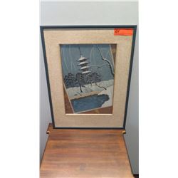Framed Japanese Art, Japanese Temple in Winter (dislodged from frame)
