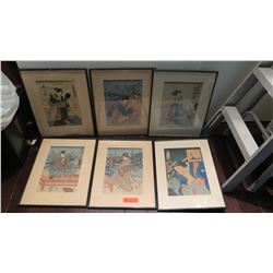 6 Framed Japanese Wood Block Prints 15.5" x 20.5" (some staining and age wear)