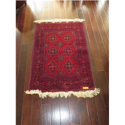 Vermillion Afghan Wool Carpet, 6 Medallions w/Floral & Leaf Motifs, 42" x 59", Fringed Borders