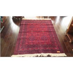 Red Afghan Wool Carpet, Medallions w/Leaf Motif, 58" x 78", Fringed Borders