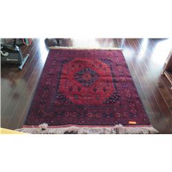 Carmine Afghan Wool Carpet, Central Medallion w/Ewer, Floral & Geometric Motifs, 62.5" x 80", Fringe