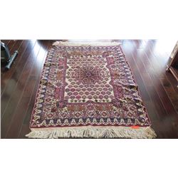 Afghan Handwoven Carpet, Cream/Burgundy/Blue w/Central Medallion, 72" x 45", Fringed Borders