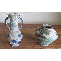 Roman Period Glass Perfume Bottle Ewer with Handles & Small Jar