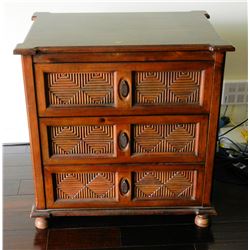 Balinese Wooden Chest of Drawers w/Carved Reeded Diamond Motif, 30"WX21"X31"H has some damage on top