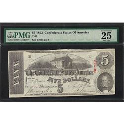1863 $5 Confederate State of America Note T-60 PMG Very Fine 25