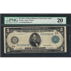 1914 $5 Federal Reserve Note New York Fr.851a PMG Very Fine 20