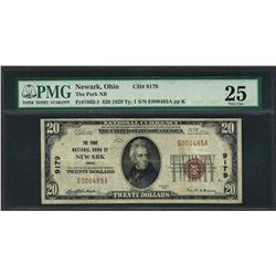 1929 $20 National Currency Note Newark, Ohio CH# 9179 PMG Very Fine 25