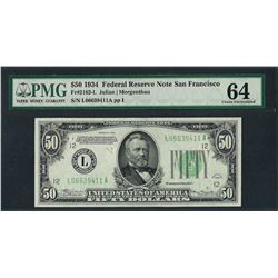 1934 $50 Federal Reserve Note San Francisco Fr.2102-L PMG Choice Uncirculated 64