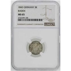 1841 Germany Baden 3 Kreuzer Coin NGC MS65
