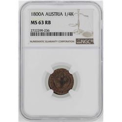 1800-A Austria 1/4 Kreuzer Coin NGC MS63RB