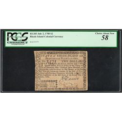 July 2, 1780 $2 Rhode Island Colonial Currency Note RI-283 PCGS Choice About New