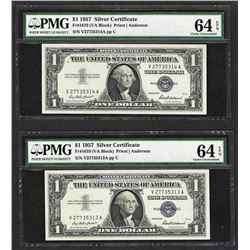 Lot of (2) Consecutive 1957 $1 Silver Certificate Notes PMG Choice Uncirculated