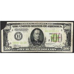 1934 $500 Federal Reserve Note Light Green Seal-Corner Missing