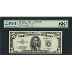 1953A $5 Silver Certificate Note Fr.1656 PMG Gem Uncirculated 66EPQ