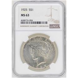 1925 $1 Peace Silver Dollar Coin NGC MS63