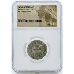 58 BC Indo Scythians Azes I/II AR Tetradrachm Coin NGC Ch F