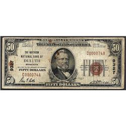 1929 $50 National Currency Note Duluth, MN CH# 9327 Low Serial Number