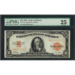 1922 $10 Gold Certificate Note Fr.1173 PMG Very Fine 25