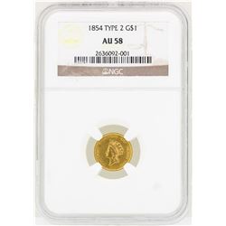 1854 $1 Indian Princess Head Gold Dollar Coin Type 2 NGC AU58