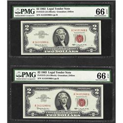 Lot of (2) Consecutive 1963 $2 Legal Tender Notes Fr.1513 PMG Gem Uncirculated 6