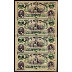Uncut Sheet of $5 Citizens Bank of Louisiana Obsolete Notes
