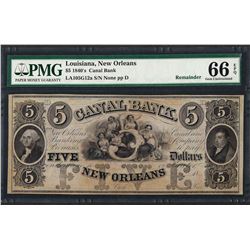 1840's $5 Canal Bank New Orleans Obsolete Note PMG Gem Uncirculated 66EPQ