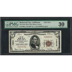 1929 $5 National Currency Note Redwood City, California CH# 7279 PMG Very Fine 3