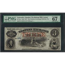 1857 $3 Western Exchange F&M Insurance Co. Obsolete Note PMG Superb Gem Unc. 67E