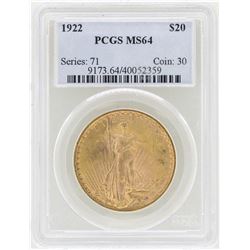1922 $20 St. Gaudens Double Eagle Gold Coin PCGS MS64
