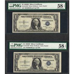 Lot of (2) Consecutive 1935D $1 Silver Certificate STAR Notes PMG Choice AU 58EP