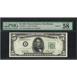 1950 $5 Federal Reserve Note Narrow Fr.1961-A PMG Choice About Uncirculated 58EP