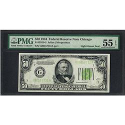 1934 $50 Federal Reserve Note Chicago Light Green Seal PMG About Uncirculated 55