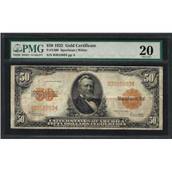 1922 $50 Gold Certificate Note Fr.1200 PMG Very Fine 20