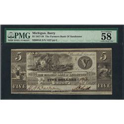 1837-38 $5 Farmers Bank of Sandstone Obsolete Note PMG Ch About Uncirculated 58E