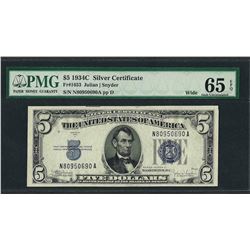 1934C $5 Silver Certificate Note Wide Fr.1653 PMG Gem Uncirculated 65EPQ