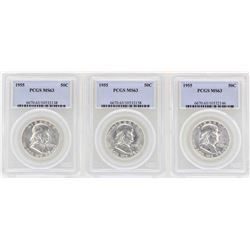 Lot of (3) 1955 Franklin Half Dollar Coins NGC MS63