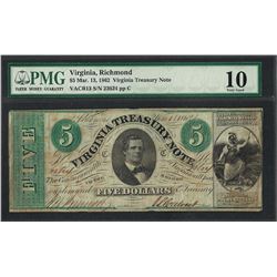 1862 $5 Virginia Treasury Note Obsolete Note PMG Very Good 10