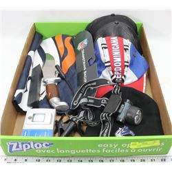 BOX W/3 NEW BASEBALL CAPS, HEAD LIGHT,