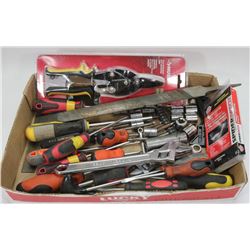 FLAT OF NEW & USED TOOLS - INCLUDES SOCKETS, FILE