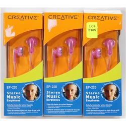 LOT OF 3 NEW CREATIVE BRAND STEREO EARBUD