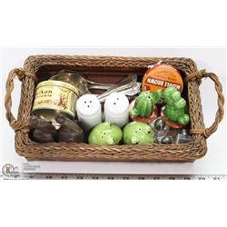 BASKET OF ESTATE COLLECTIBLES, INCLUDING TINS,