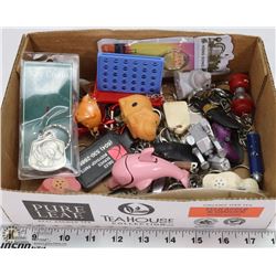 FLAT OF COLLECTIBLE KEYCHAINS, LANTERN, FLASHLIGHT