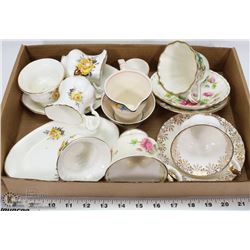 ASSORTED ESTATE TEA CUPS, CHINA, CREAM & SUGAR