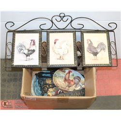 BOX WITH ASSORTED ROOSTER ORNAMENTS INCL CAST