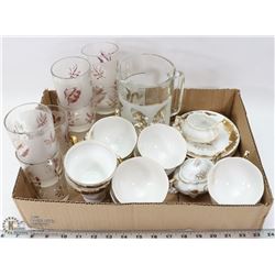 VINTAGE GLASS PITCHER, TEA SET WITH WHEAT & GOLD