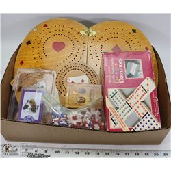 LOT OF 2 WOOD CRIB BOARDS, POKER CHIPS, VINTAGE