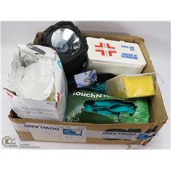 BOX OF ASSORTED PROTECTIVE EQUIPMENT, FIRST AID